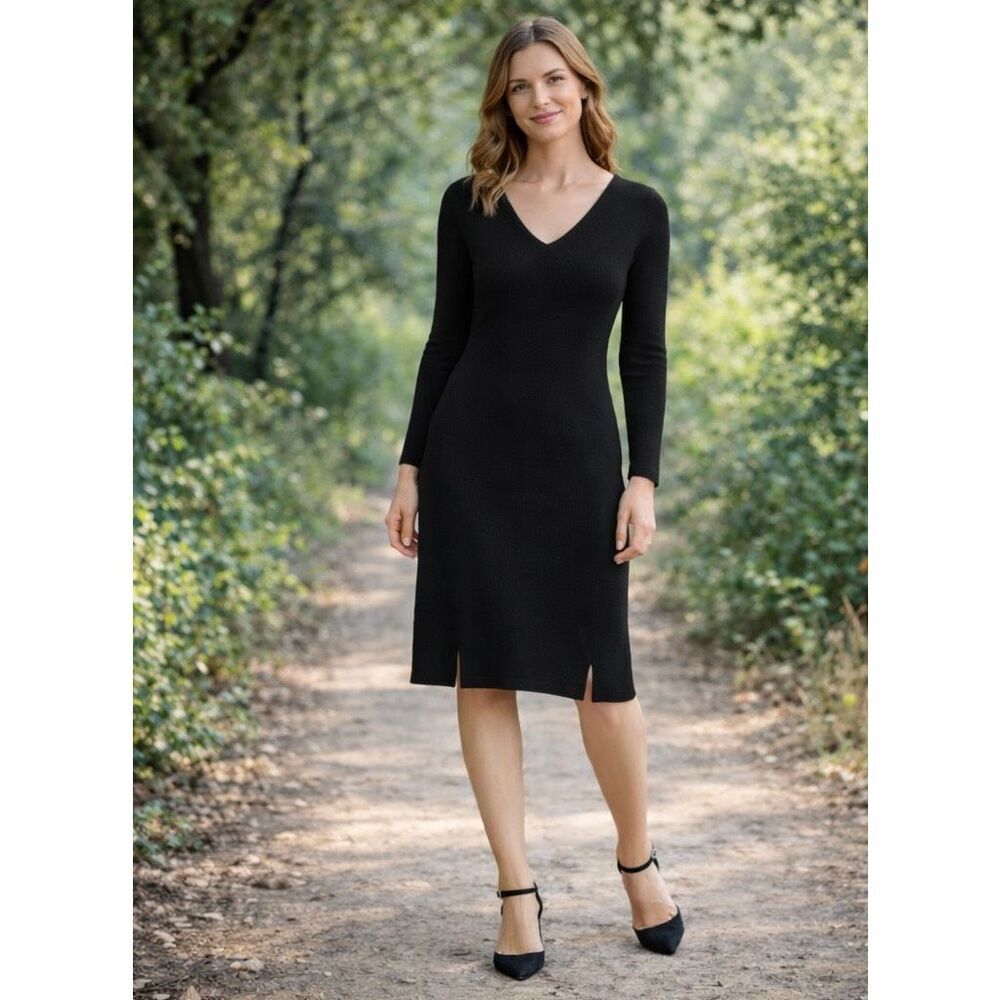 Whistles Black Knit V-Neck Dress Long Sleeve Capsule Staple Size US 4